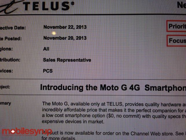 Moto G launching in Canada on November 22nd