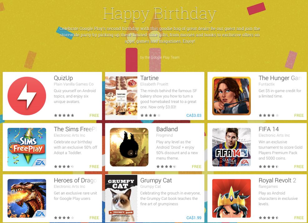 Google Play celebrates second birthday with free and discounted movies, magazines, books and apps
