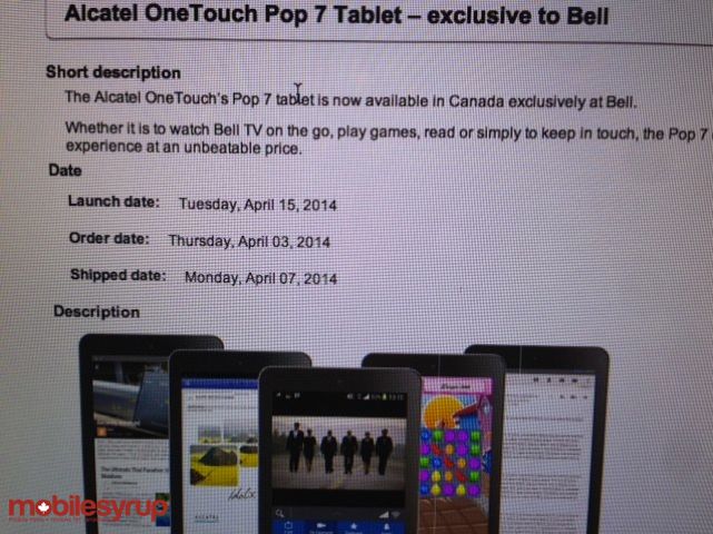 Bell to exclusively release the Alcatel OneTouch Pop 7 tablet