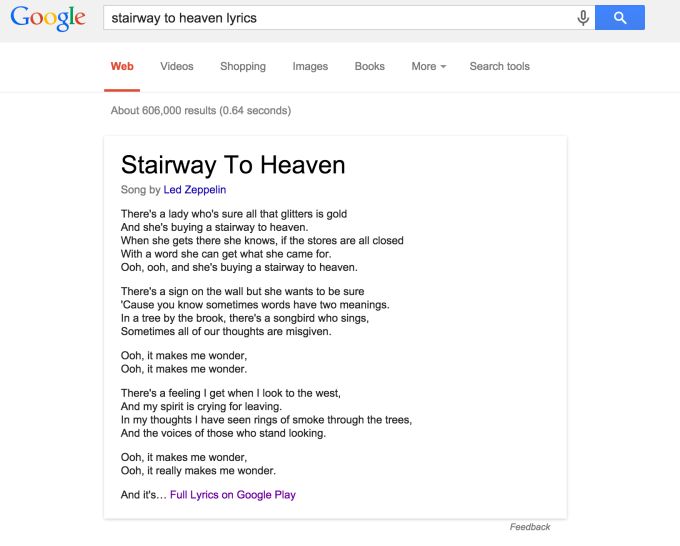 Song lyrics arrive on Google search results and link to Google Play