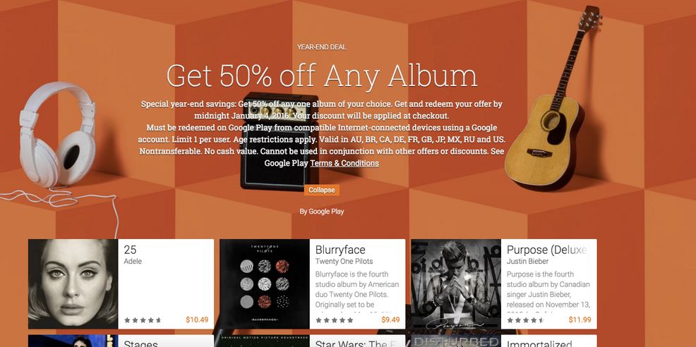 Google Play Store offers 50% off any album until January 4th