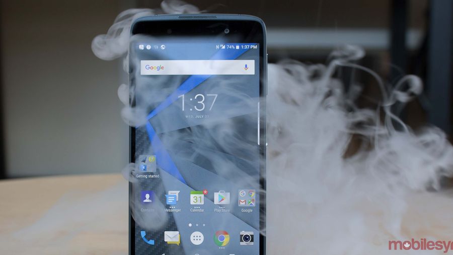 BlackBerry DTEK50 with dry ice behind it