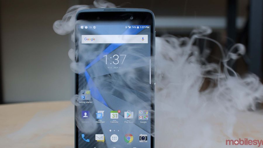 BlackBerry DTEK50 with dry ice behind it