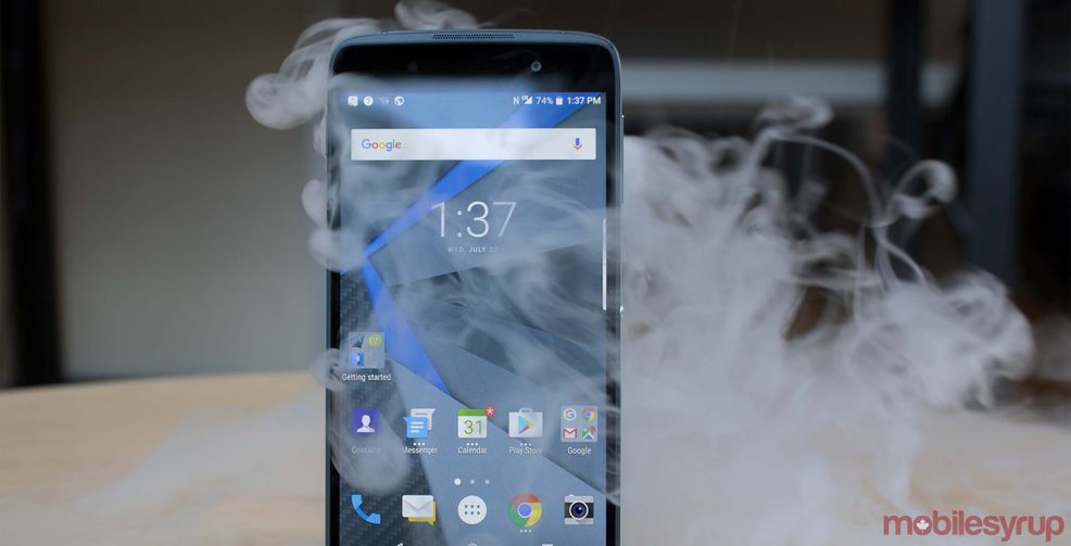 BlackBerry DTEK50 with dry ice behind it