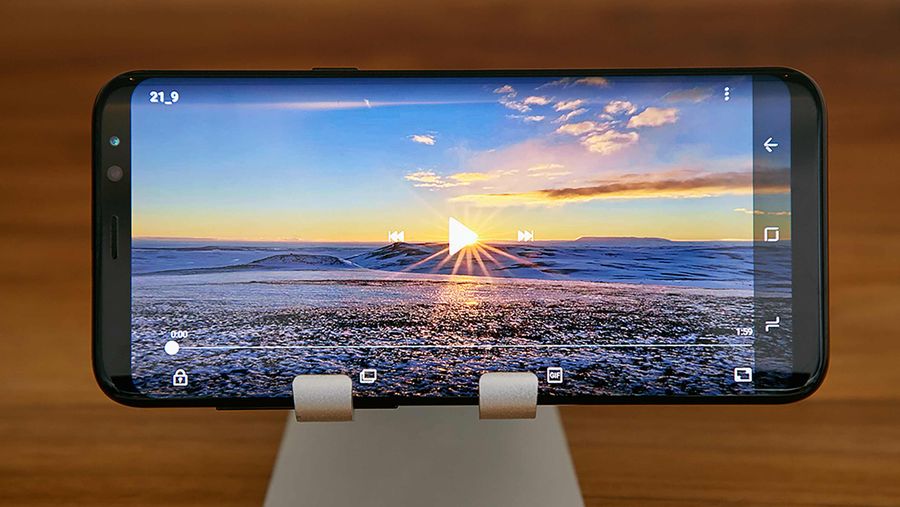 Galaxy S8 on stand playing a video