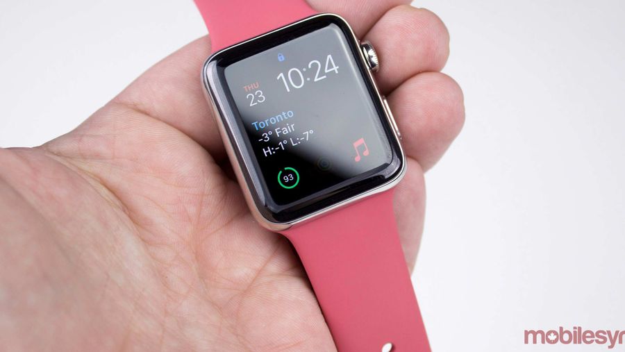 Pink Apple Watch in hand
