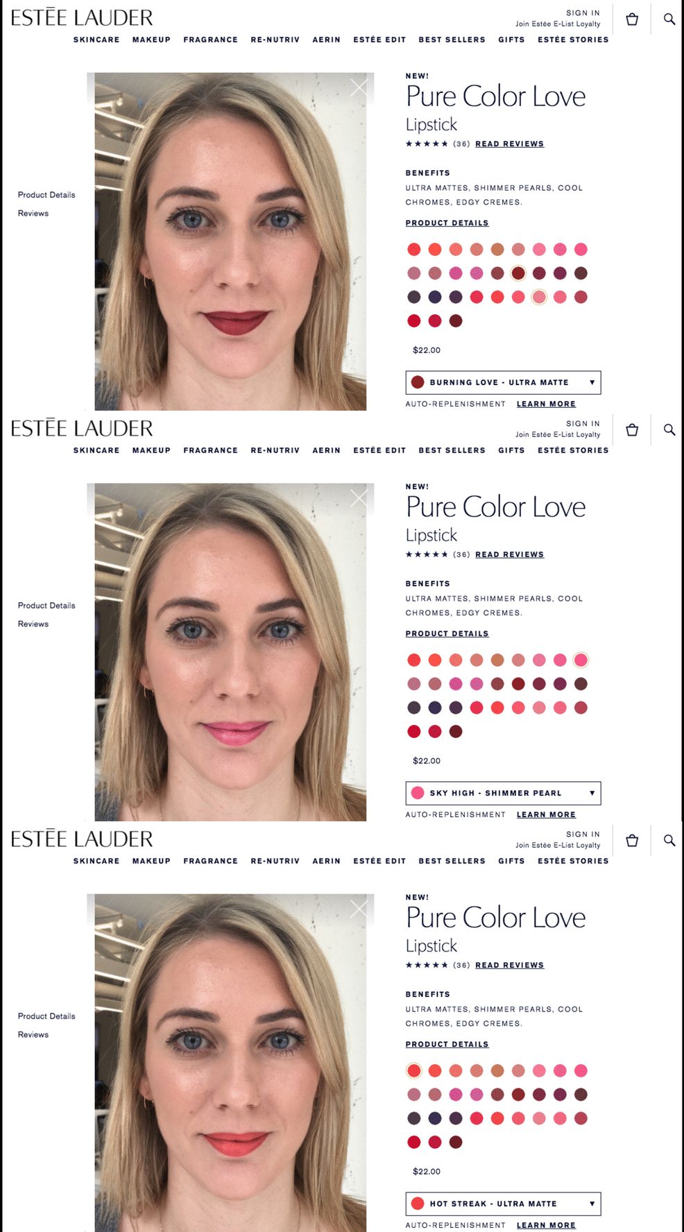 GIF of woman trying different lipstick shades