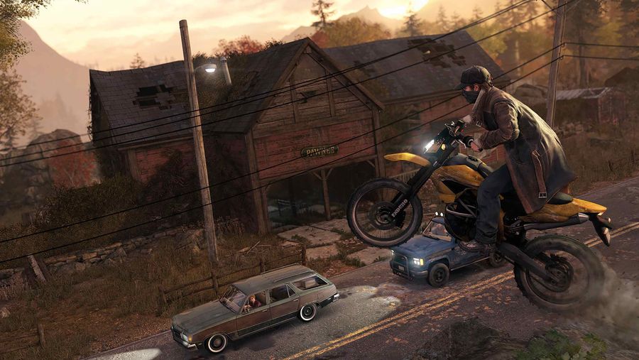 Aiden Pearce on a motorcycle