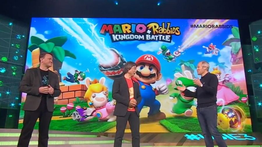 An image featuring Shigeru Miyamoto on-stage at Ubisoft's E3 2017 conference