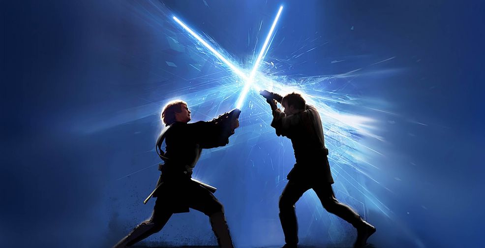 Anakin and Obi Wan light saber clashing