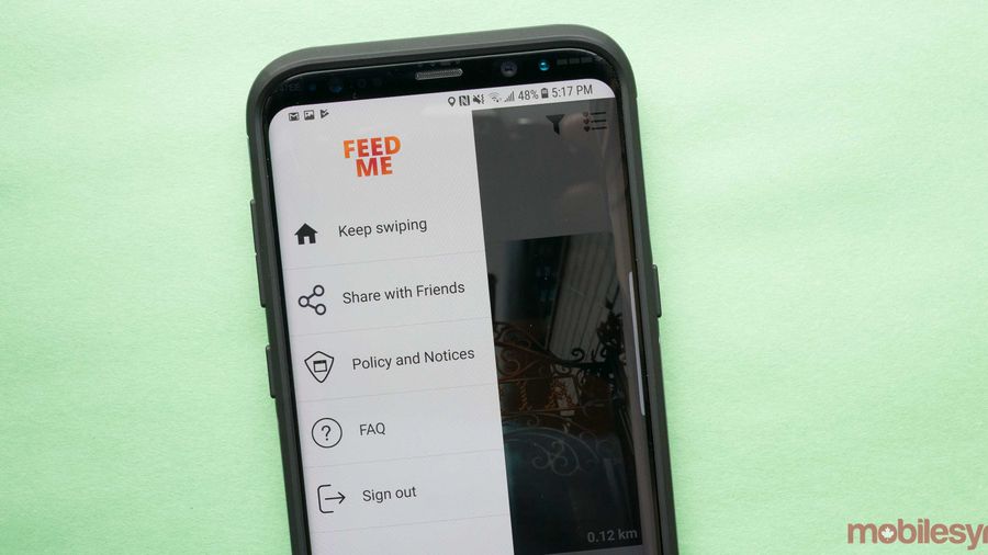 Feed Me's hamburger menu interface