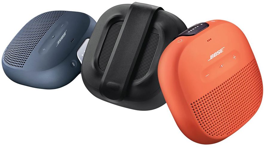 soundlink micro bluetooth speakers in three colours, black, blue and orange