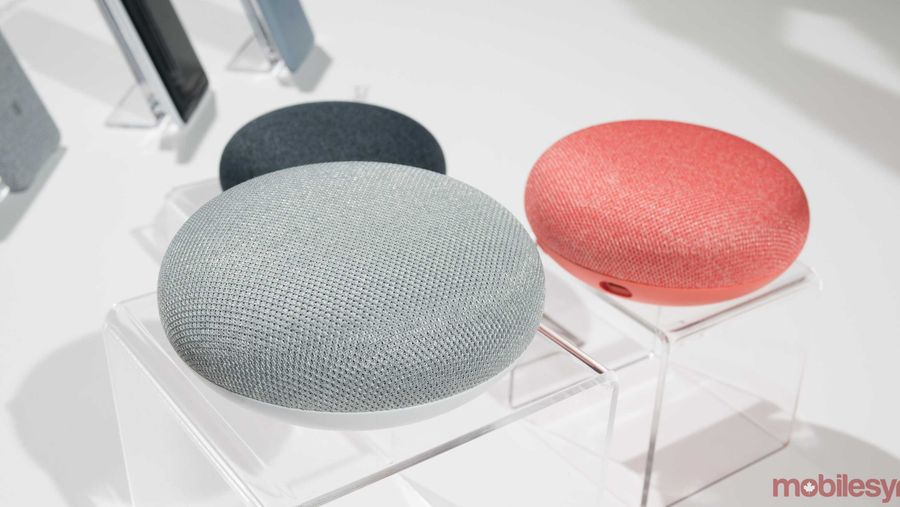 The three different colours of the Google Home Mini