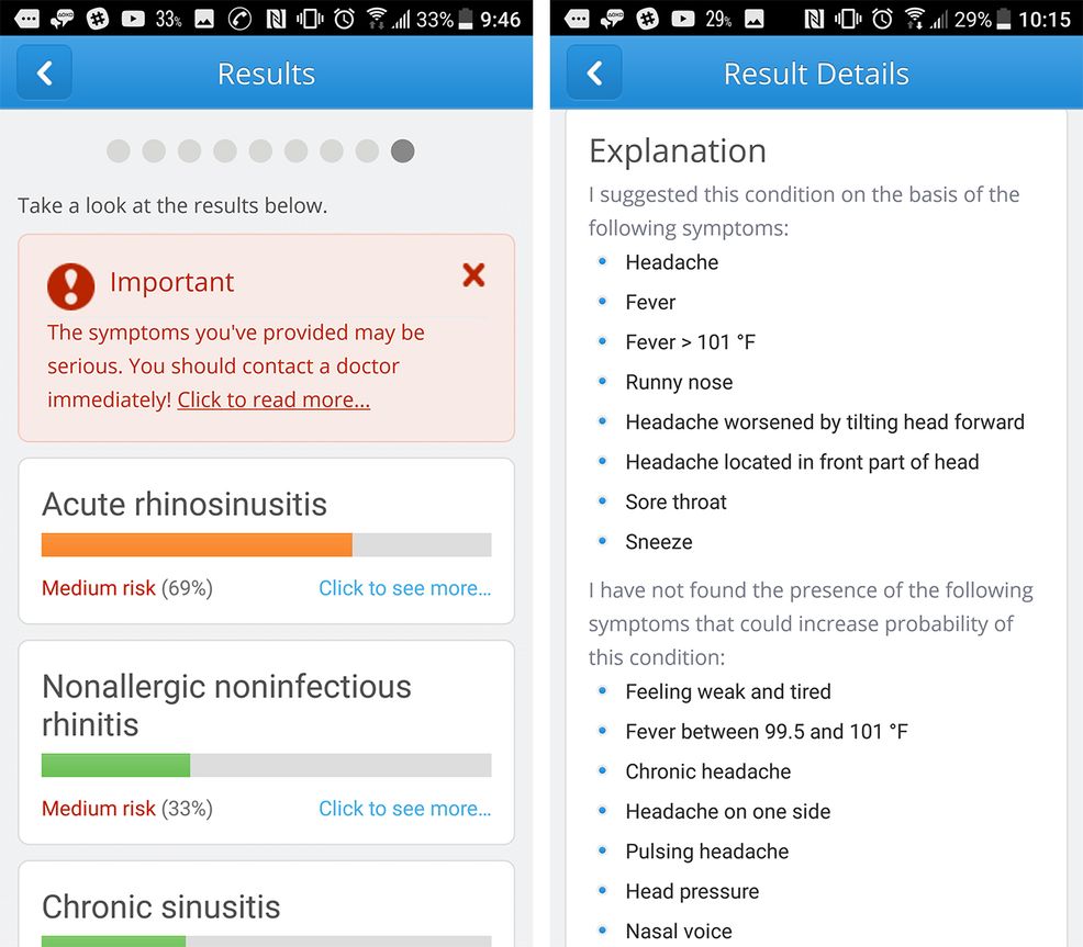 symptomate screenshot with resutls