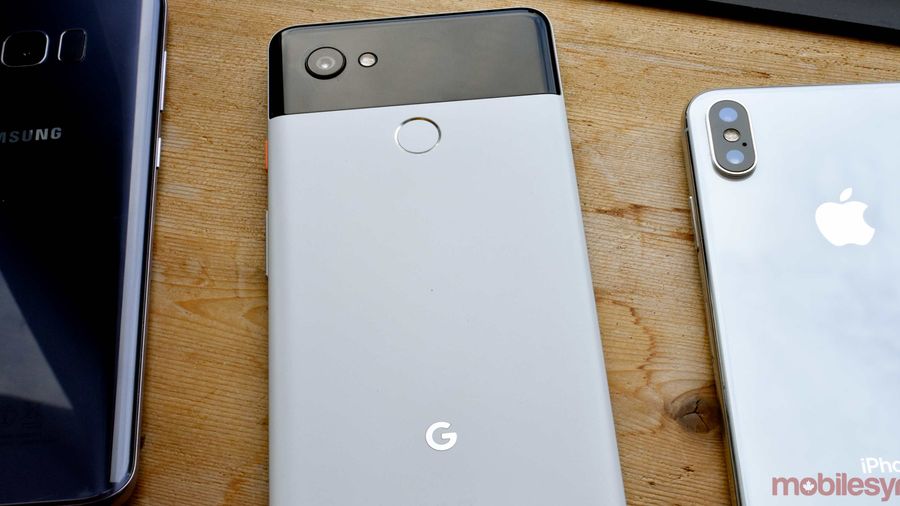 The Google Pixel 2 XL, Samsung S8 Plus and the iPhone X all beside one another