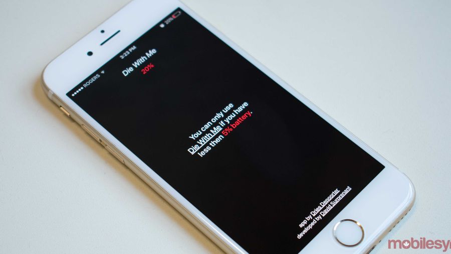 Die With Me's splash screen, denying entry as the phone's battery is not below 5 percent.