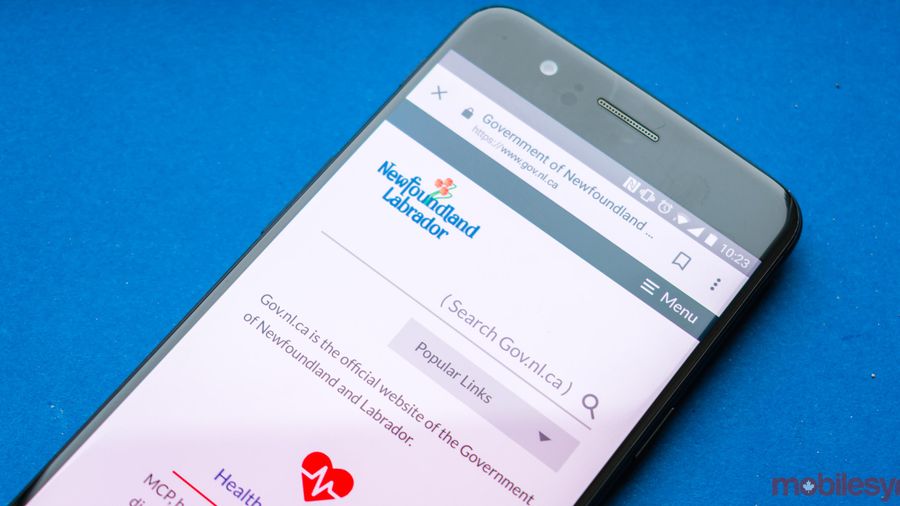An image of the Newfoundland and Labrador government page on a OnePlus 5