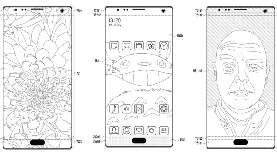 Mock-up images of Samsung's new patented device, displaying a screen with embedded camera, speaker, and sensors.