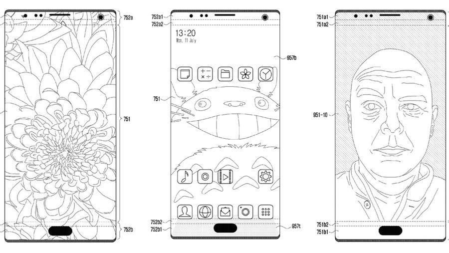 Mock-up images of Samsung's new patented device, displaying a screen with embedded camera, speaker, and sensors.