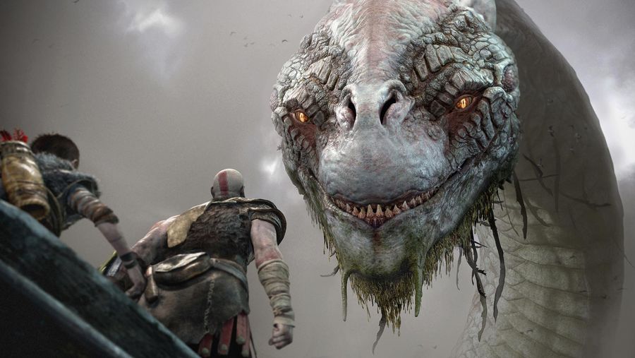 God of War Kratos and Atreus with serpent