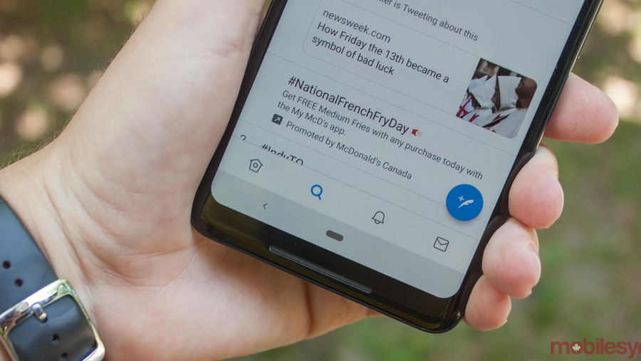 Twitter's bottom navigation bar on a Pixel 2 XL