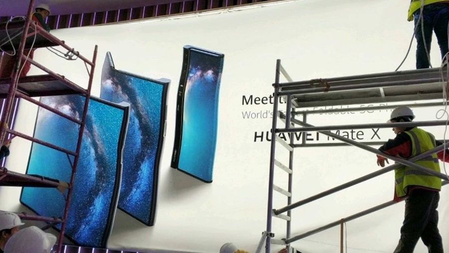 A billboard showing Huawei's upcoming Mate X foldable display smartphone