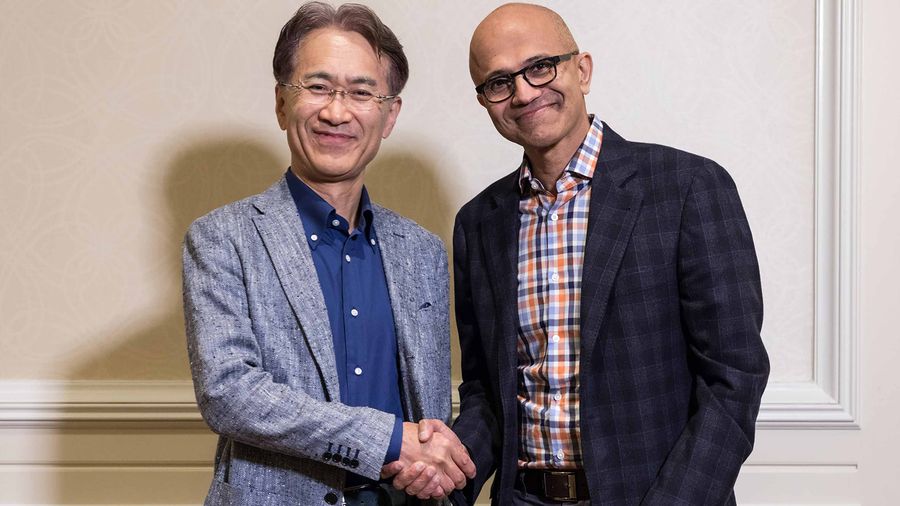 Sony's Kenichiro Yoshida with Microsoft's Satya Nadella