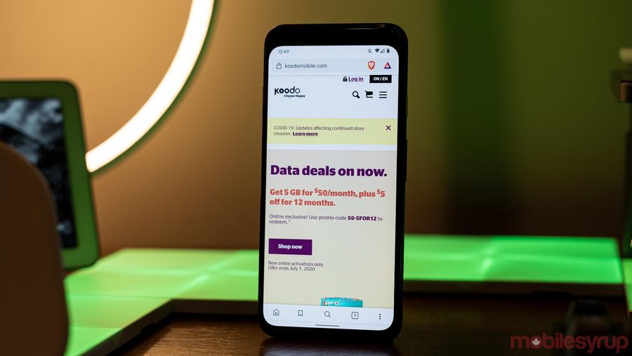 Koodo website on a smartphone
