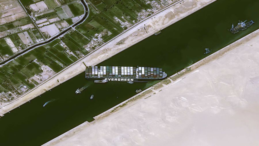 Satellite image of the Ever Given stuck in the Suez Canal