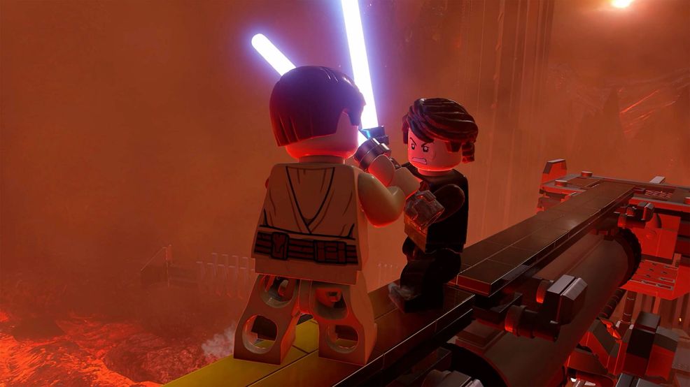 Lego Star Wars: The Skywalker Saga -- Obi-Wan and Anakin engage in their iconic lightsaber duel from Revenge of the Sith