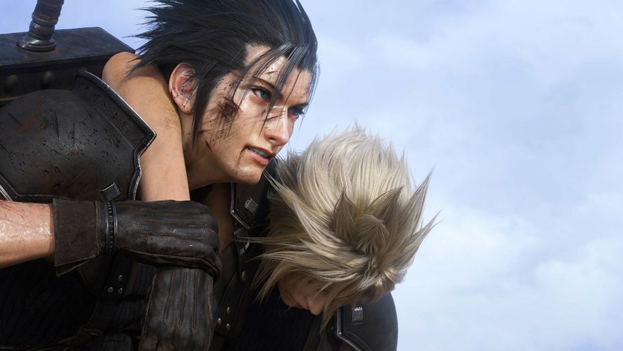 Final Fantasy VII Rebirth -- a bloody and tired Zack carries Cloud.