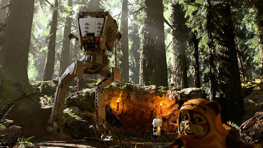 Lego Star Wars: The Skywalker Saga -- Endor battle between AT-ST and Ewoks