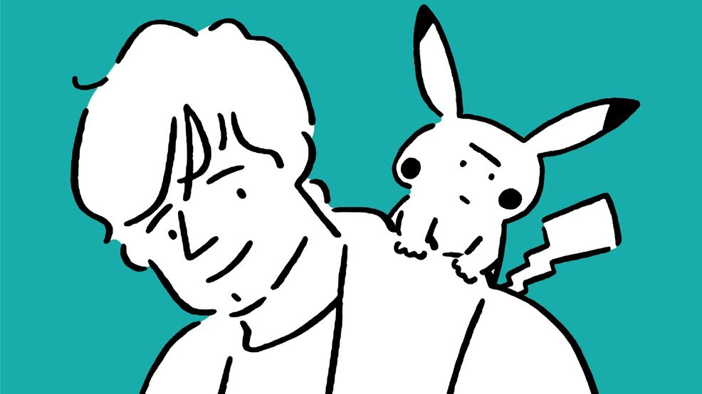 A doodle of Ed Sheeran with a Pikachu on his shoulder
