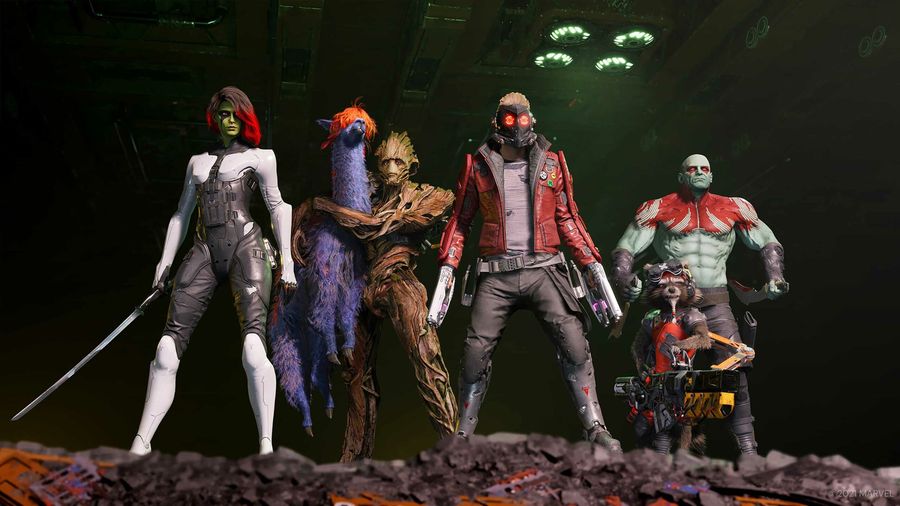 Gamora, Groot holding a llama, Star-Lord, Rocket and Drax stand in a row in Marvel's Guardians of the Galaxy.