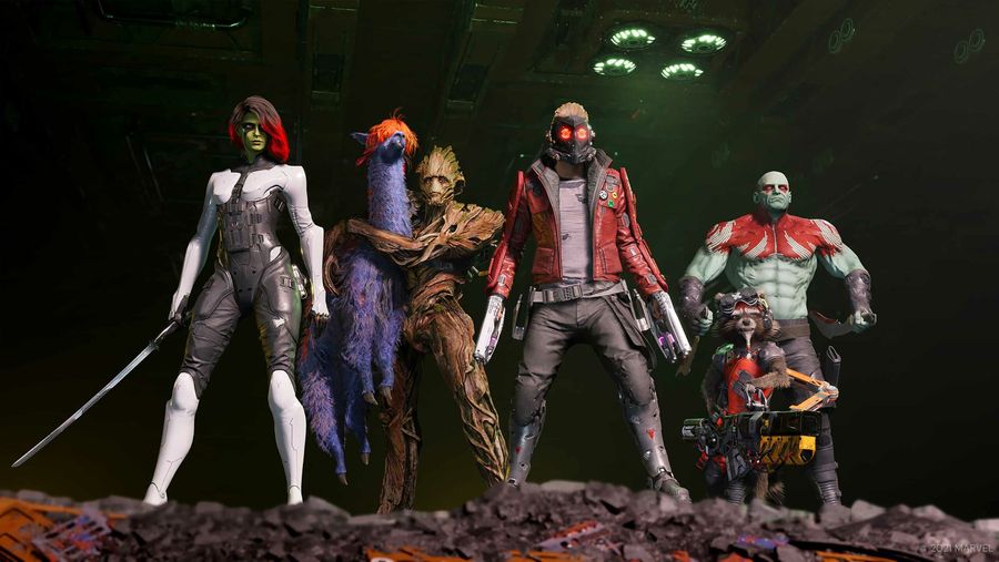 Gamora, Groot holding a llama, Star-Lord, Rocket and Drax stand in a row in Marvel's Guardians of the Galaxy.