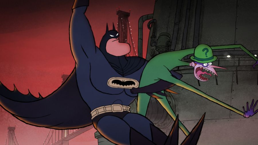 Cartoon Batman swinging around with cartoon Riddler in hand.