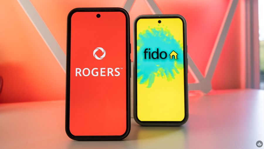 Rogers and Fido logos on smartphones.