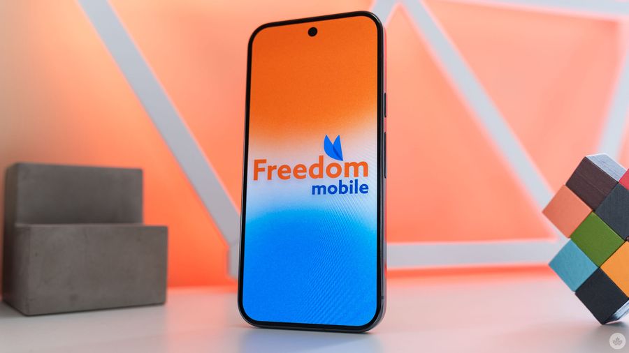 Freedom Mobile logo on a smartphone.