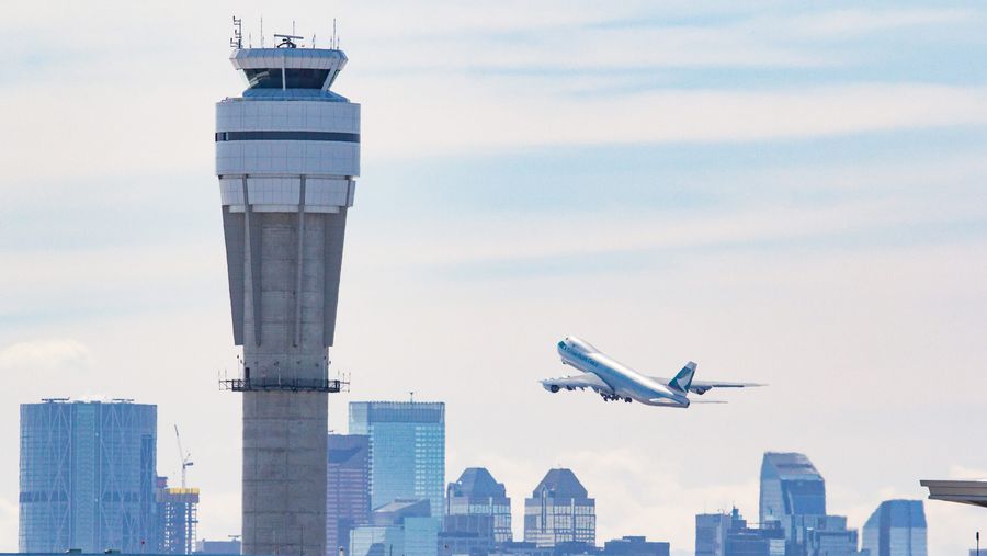 Airplane taking off at Calgary Airport.
