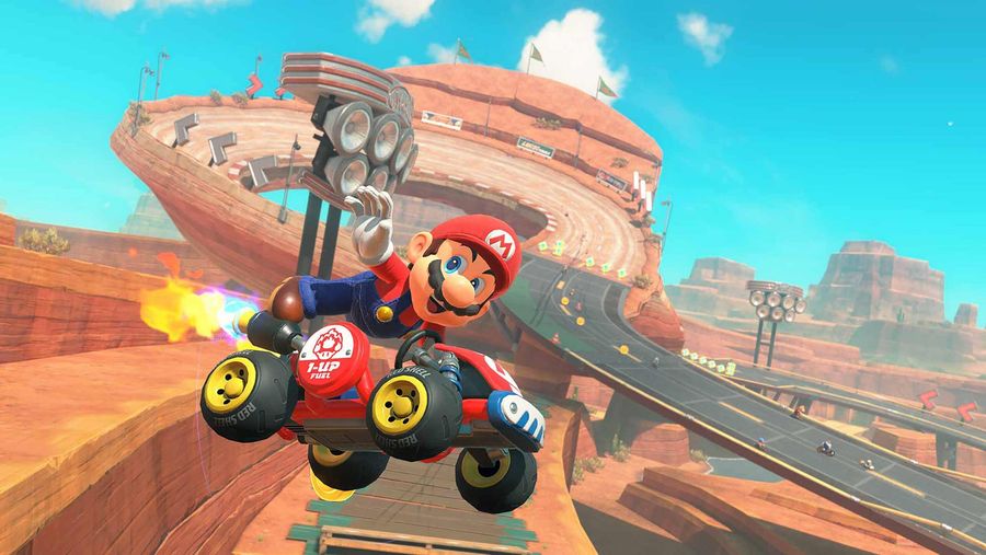 Mario Kart World Mario in air on kart