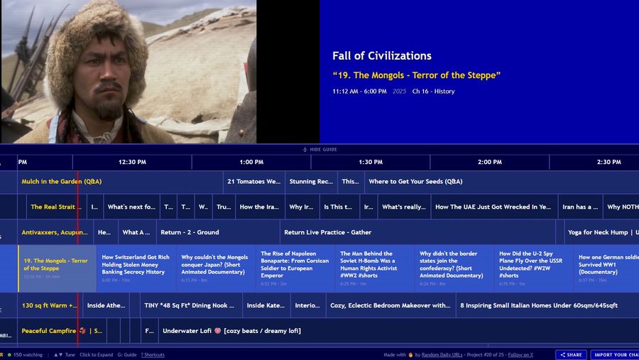 A retro-looking channel guide playing a documentary