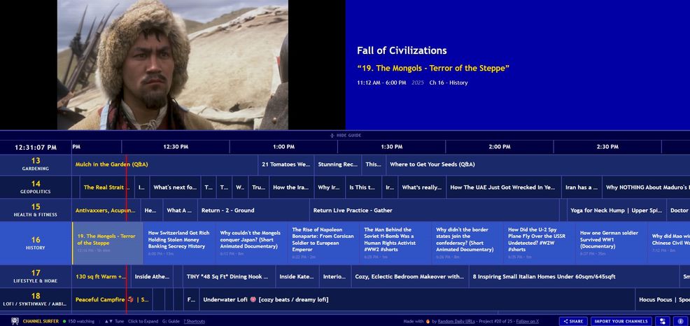 A retro-looking channel guide playing a documentary