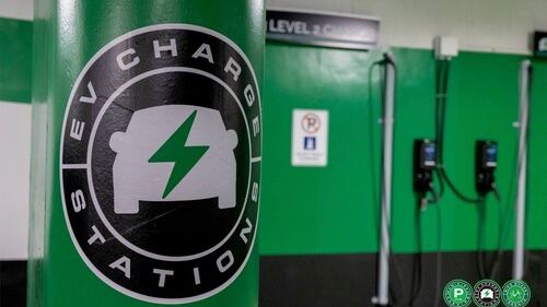 EV Charging Station logo on a green pole