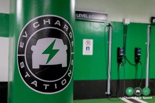 EV Charging Station logo on a green pole