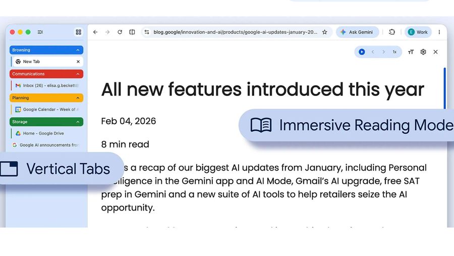 Google Chrome new features vertical tabs and immersive reading mode