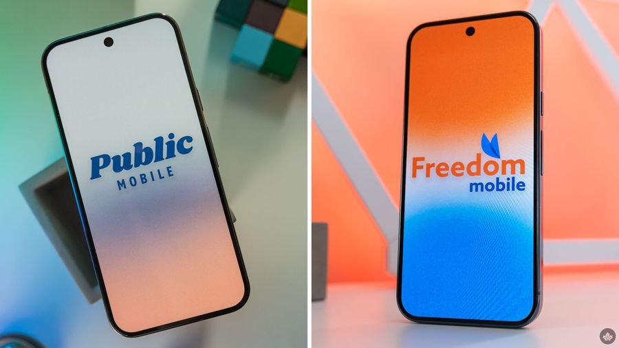 Public Mobile and Freedom Mobile logos on phones.