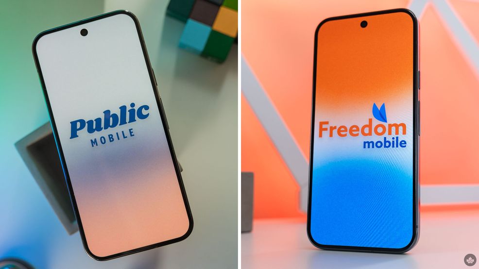 Public Mobile and Freedom Mobile logos on phones.